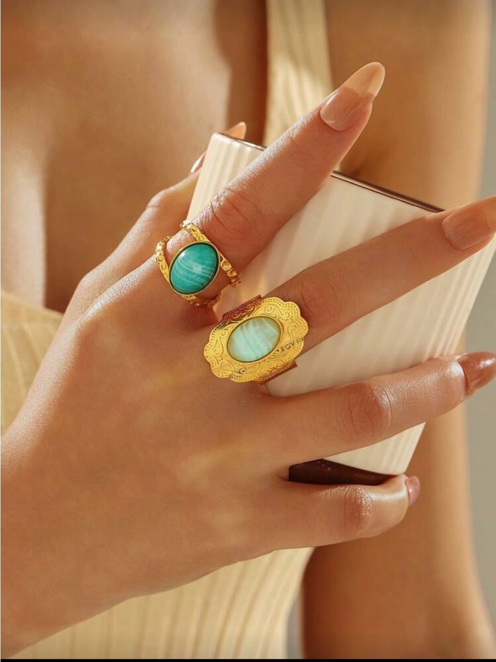 18k Gold-Plated Ring with Teal/Light-Blue Stone -2 pieces set